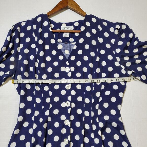 Vintage Express Polka Dot Dress 9/10 Blue White Button Front Rayon Midi Womens - Picture 6 of 11